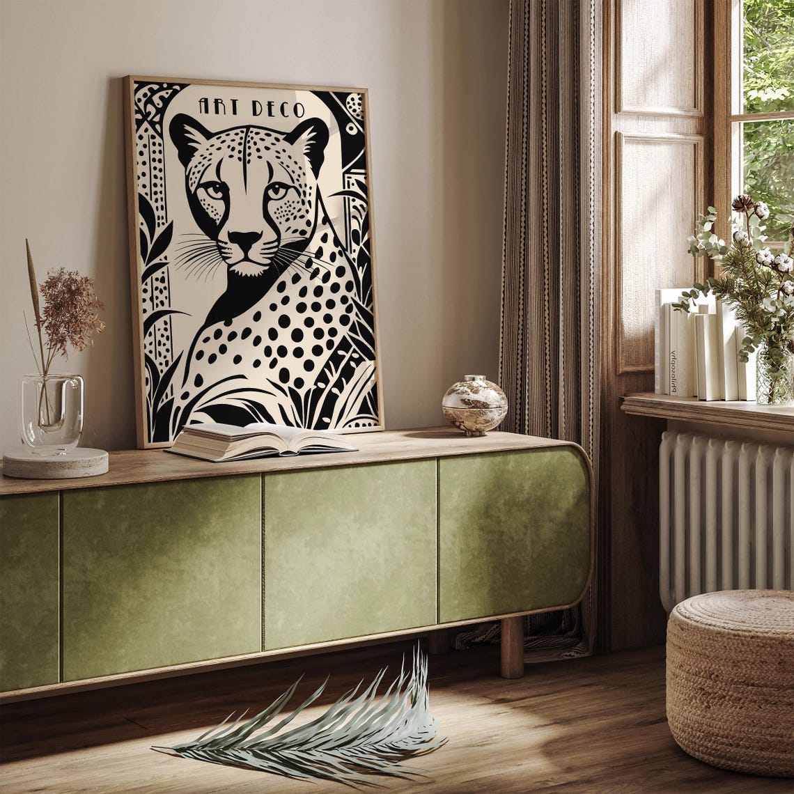 Art Deco Cheetah Portrait Black Beige Tropical Jungle Art Poster - Image 3