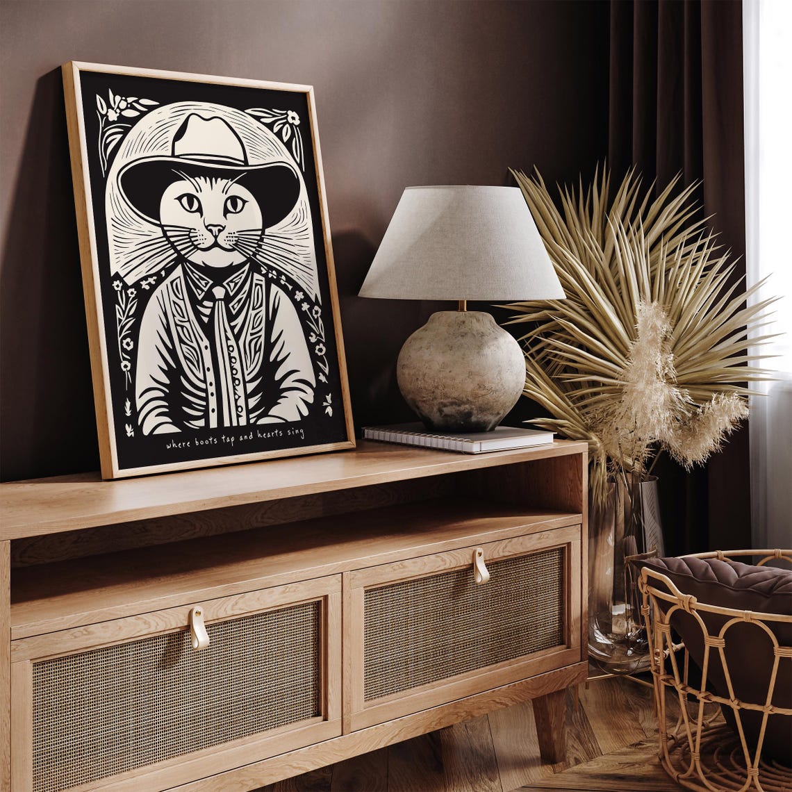 Cowboy Cat Linocut Poster Where Boots Tap and Hearts Sing Along - Image 3
