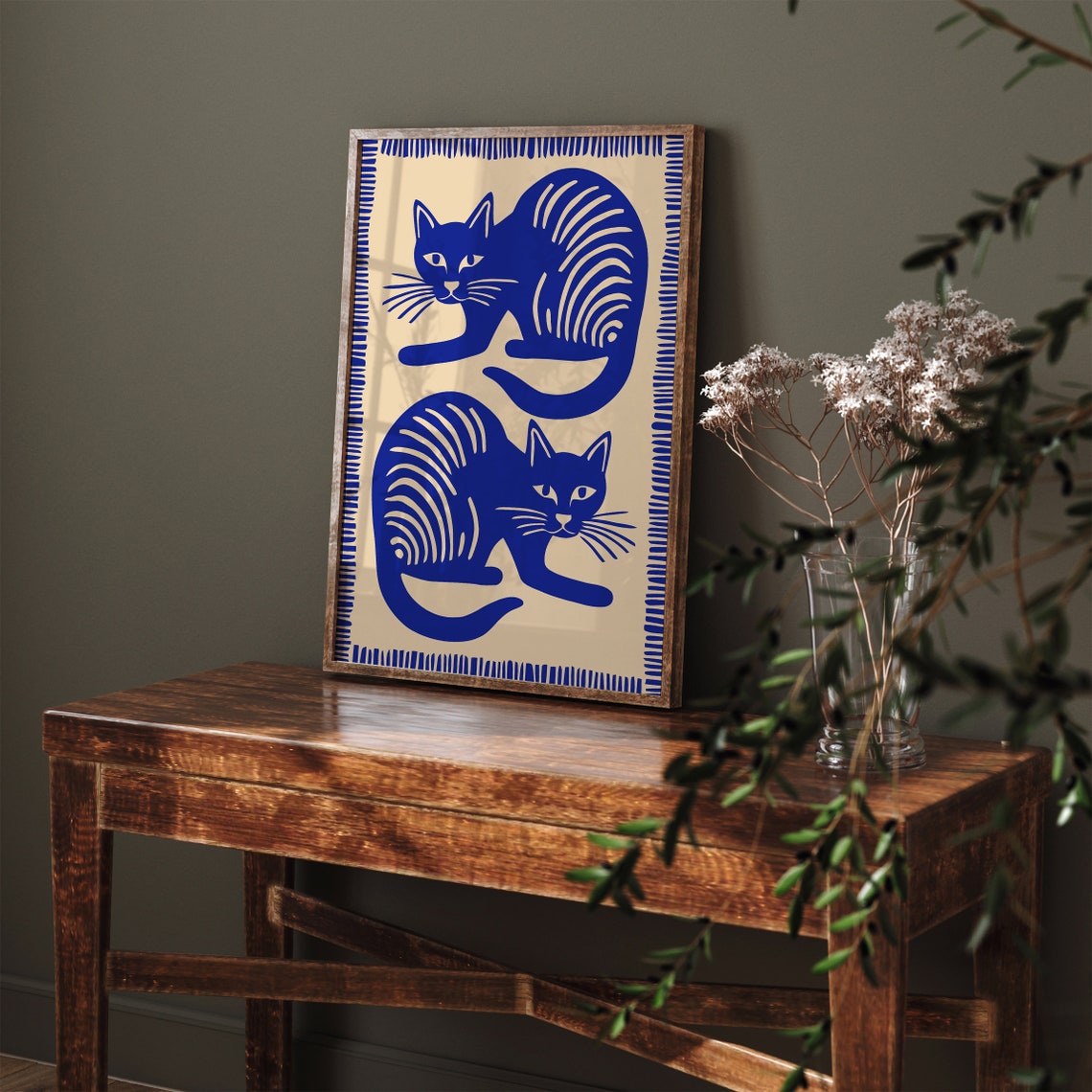 Blue Indigo Twin Cats Decorative Striped Border Folk Art Print - Image 3