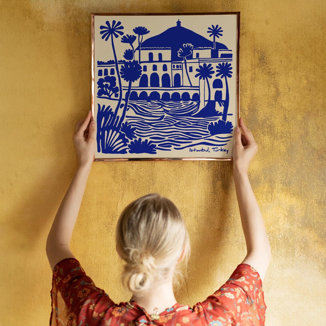 Istanbul Turkey Blue Ink Waterfront Buildings Travel Art Poster - Image 4