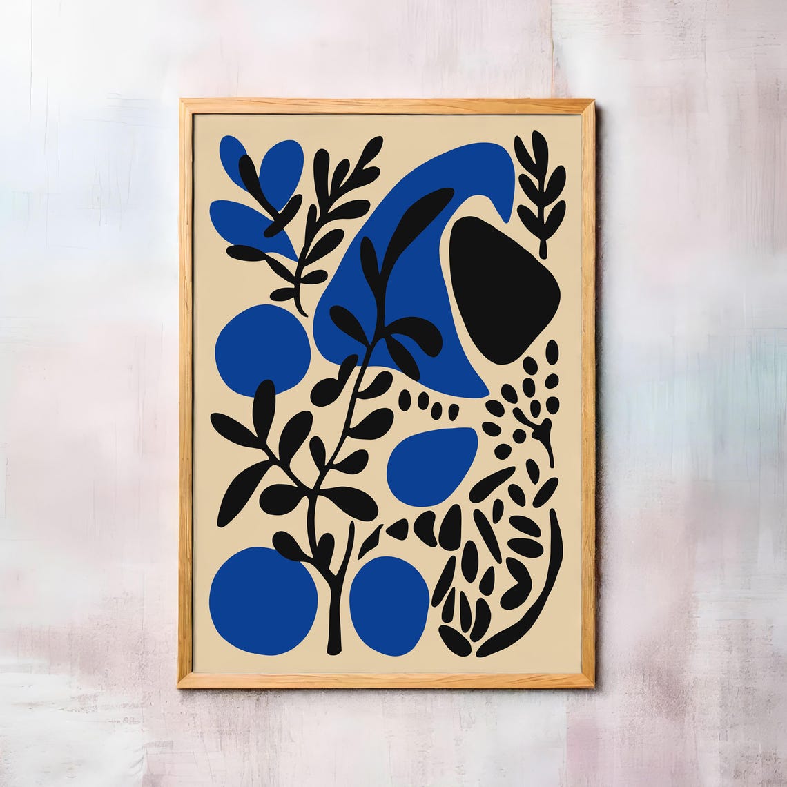 Blue Black Abstract Floral Shapes Modern Boho Botanical Print