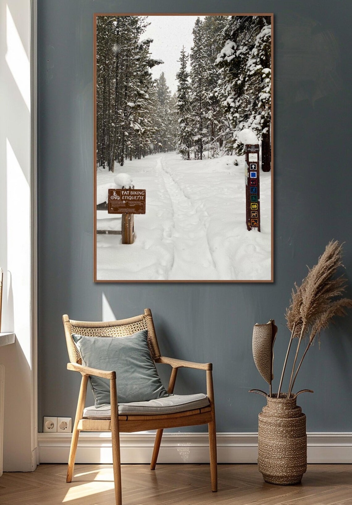 Snowy Forest Trail With Fat Biking Sign Winter Wonderland Photo Poster - Image 2