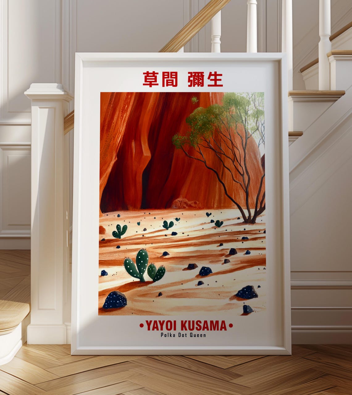 Serene Red Cliff Desert Cactus Dotted Scene Kusama Inspired Poster