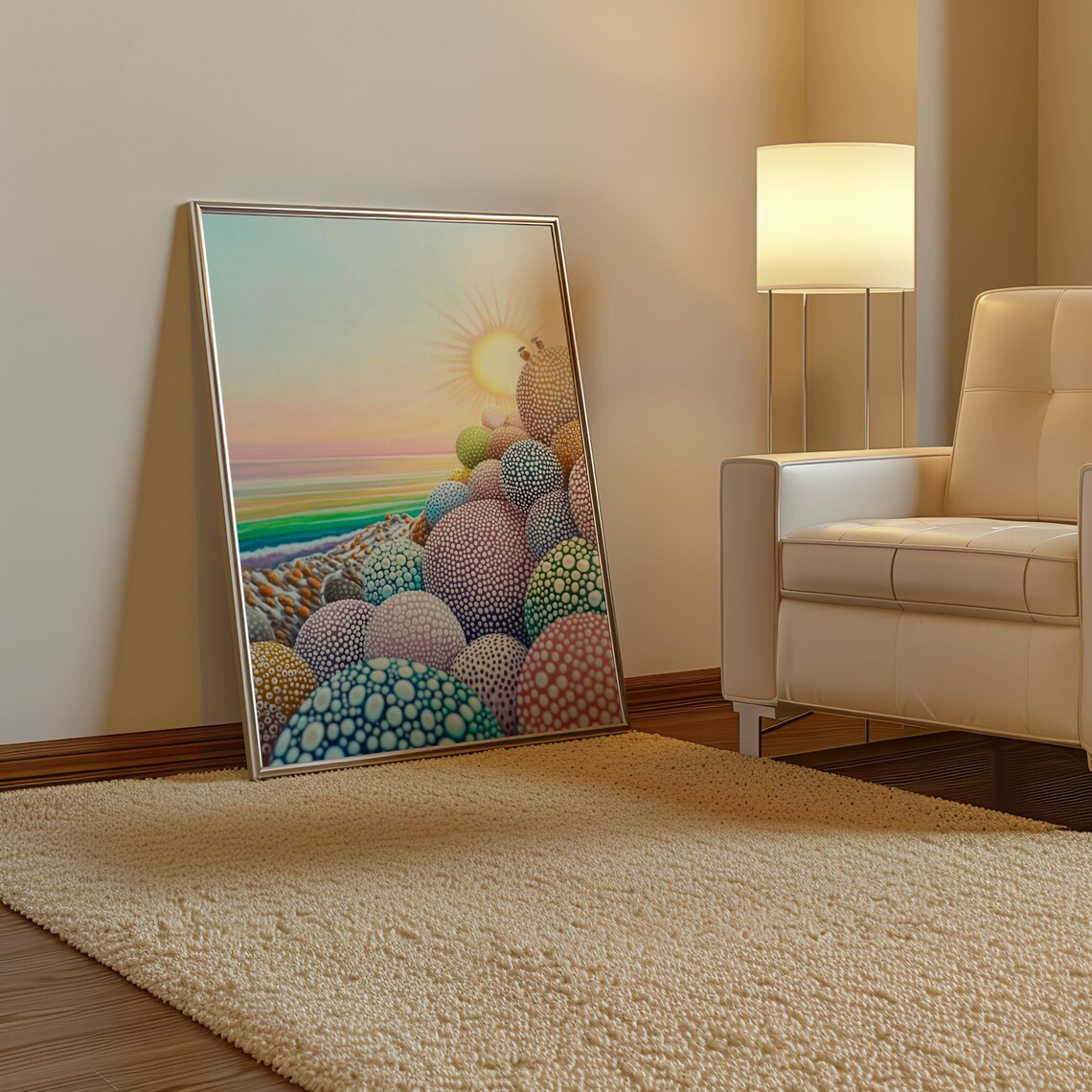 Colorful Polka Dot Rocks Piled by the Sea at Pastel Sunset Poster - Image 3