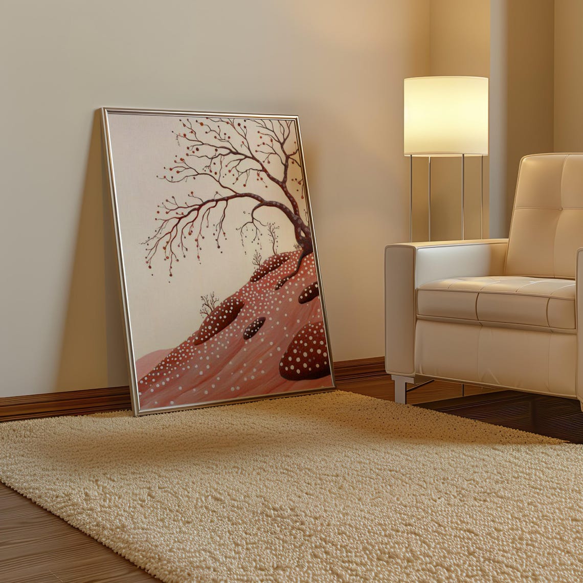 Yayoi Kusama Inspired Bare Winter Tree on a Dotted Red Hill Art Poster - Image 3