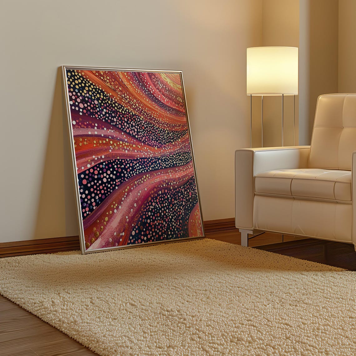 Kusama Inspired Abstract Flowing Dots Crimson Gold Navy Poster - Image 3