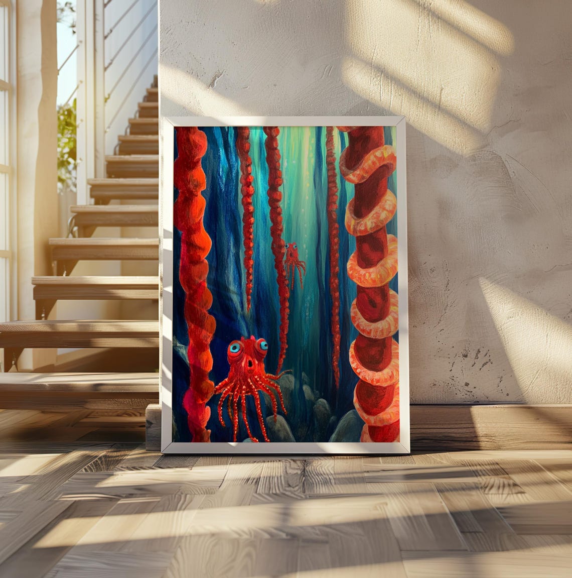 Playful Wide-Eyed Red Octopus in a Blue Green Sea Dot Art Poster