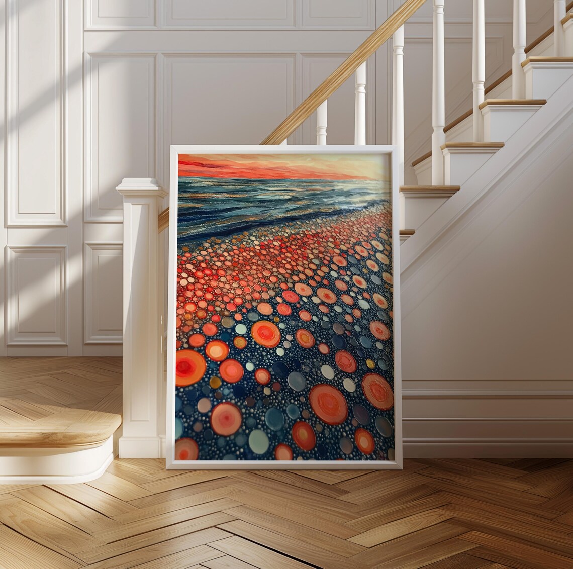 Kusama Inspired Coral Dots Shore on Dark Sea Sunset Sky Poster - Image 2