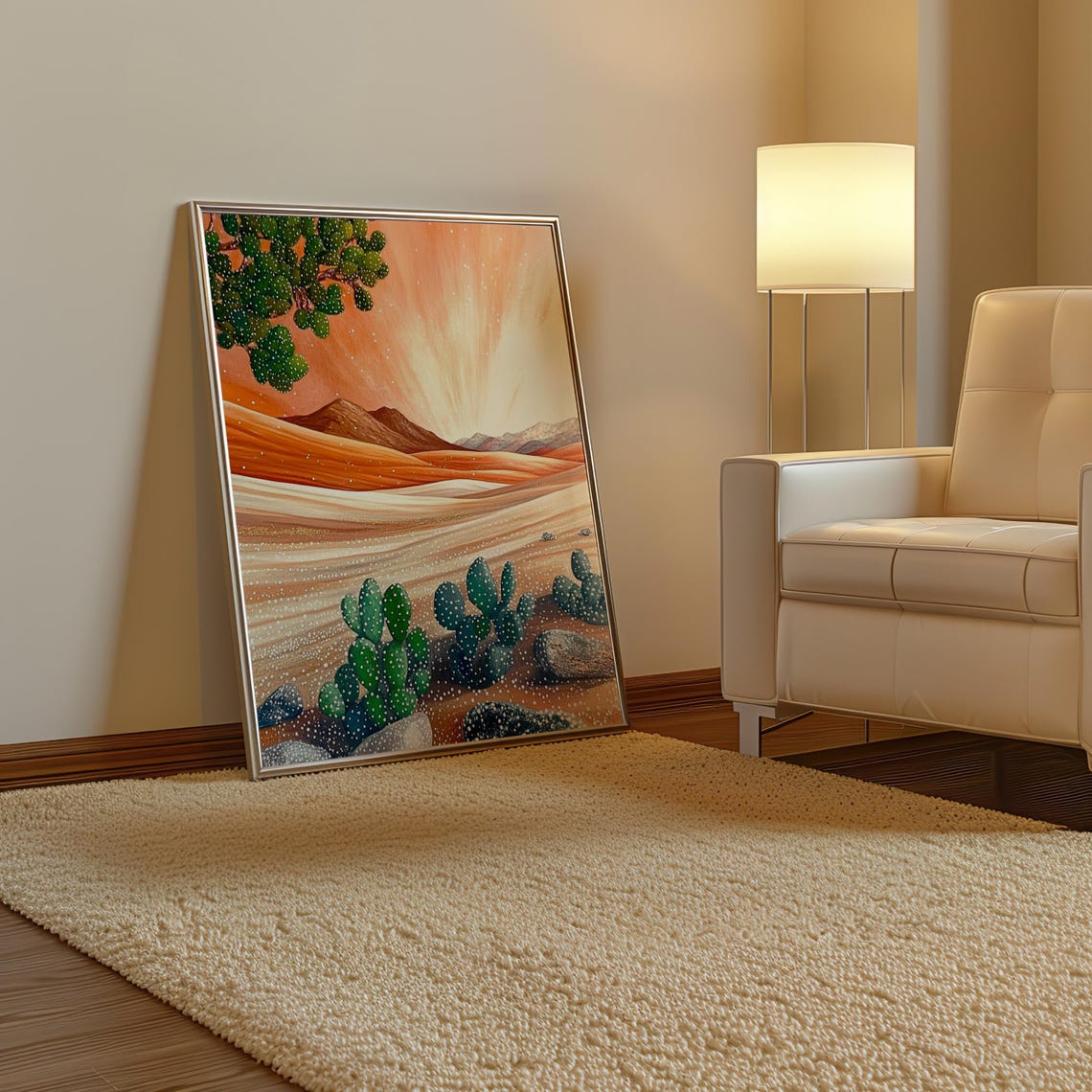Vibrant Prickly Pear Cactus Desert at Orange Sunset Art Poster - Image 3