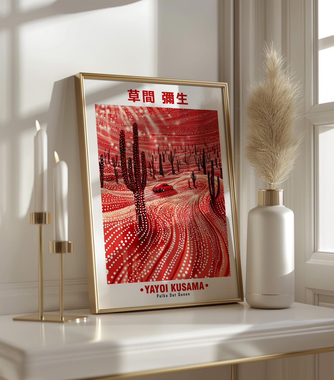 Red Desert Cactus Valley Classic Car Yayoi Kusama Inspired Poster - Image 3