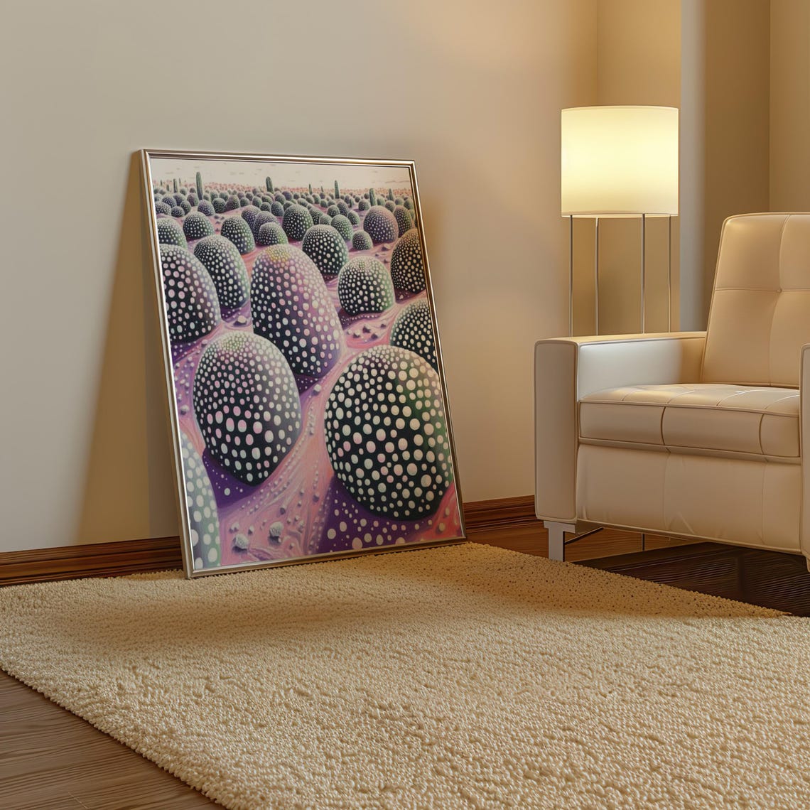 Kusama Inspired White Dotted Pumpkin Field on Pink Hills Poster - Image 3