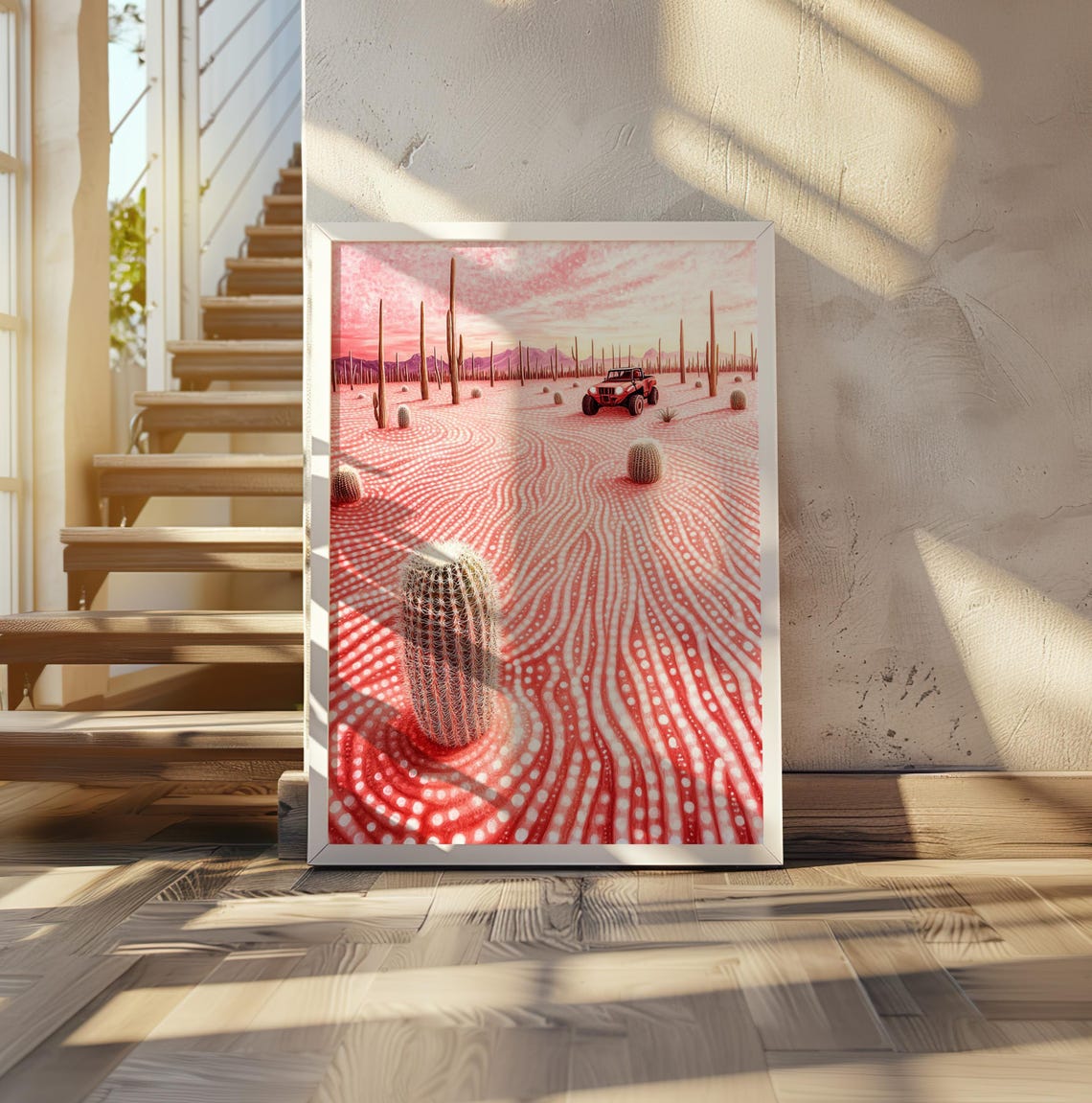 Red Off Road Vehicle in Pink Rippled Dotted Desert Art Poster