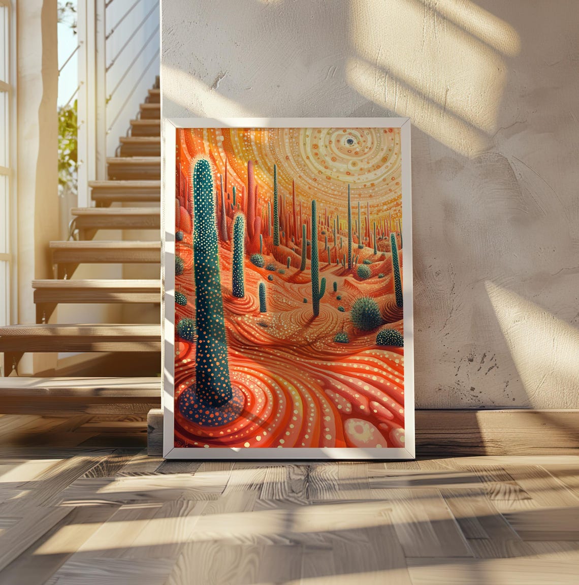 Saguaro Cactus Desert Under a Spiral Sun Kusama Style Poster