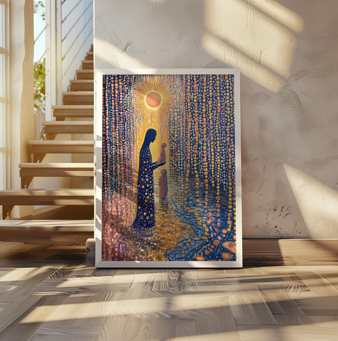 Mother and Child in a Golden Rain of Dots Kusama Style Poster
