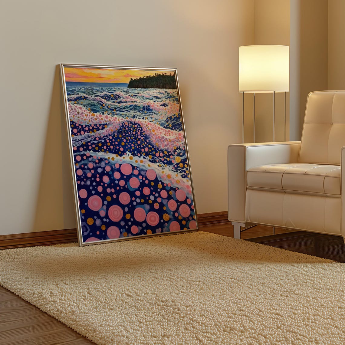 Kusama Inspired Dotted Sunset Tide Pink Wave Breaking Poster - Image 3