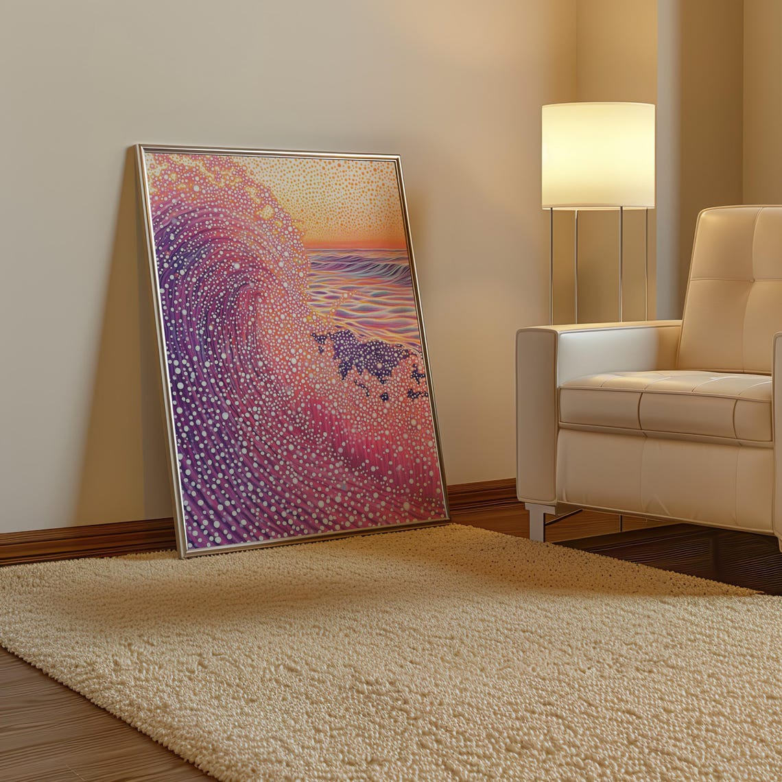 Pink Ocean Wave Crash in Polka Dot Pointillism Art Style Poster - Image 3