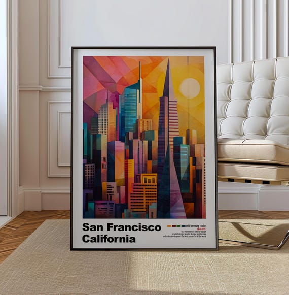 San Francisco Usa Mid Century Modern Architecture Art Print Retro Minimalist City Poster With Geometric Design Bold Mid Century Color
