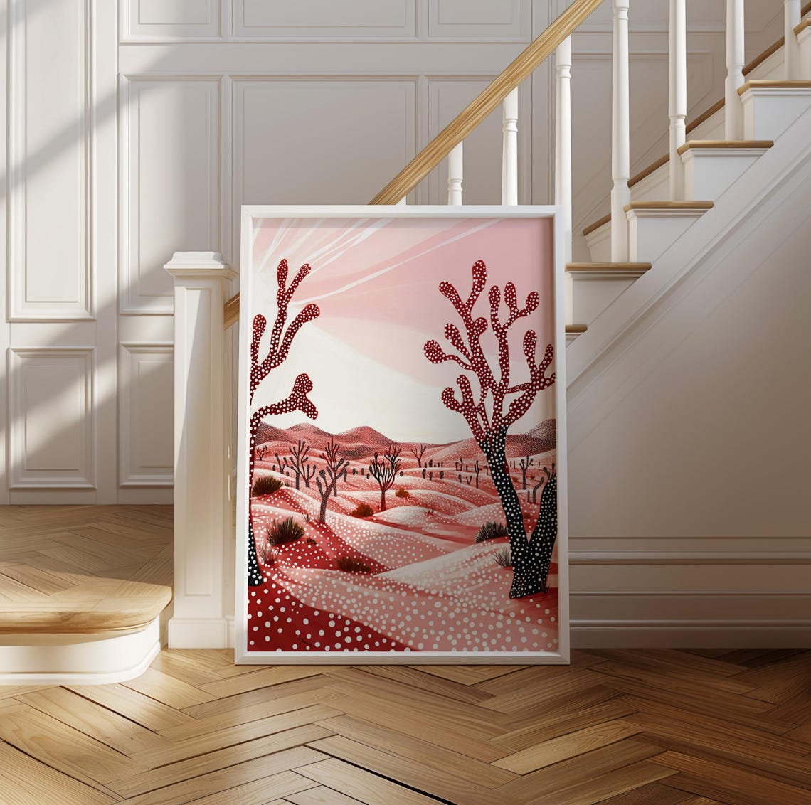 Red Dotted Trees Rising on Pink Desert Dunes Kusama Style Poster - Image 2