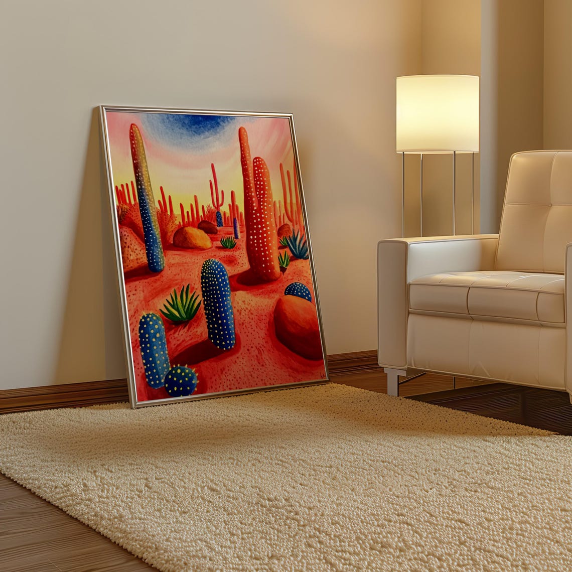 Red Desert Landscape with Blue Dotted Cacti Under a Pastel Sky Poster - Image 3