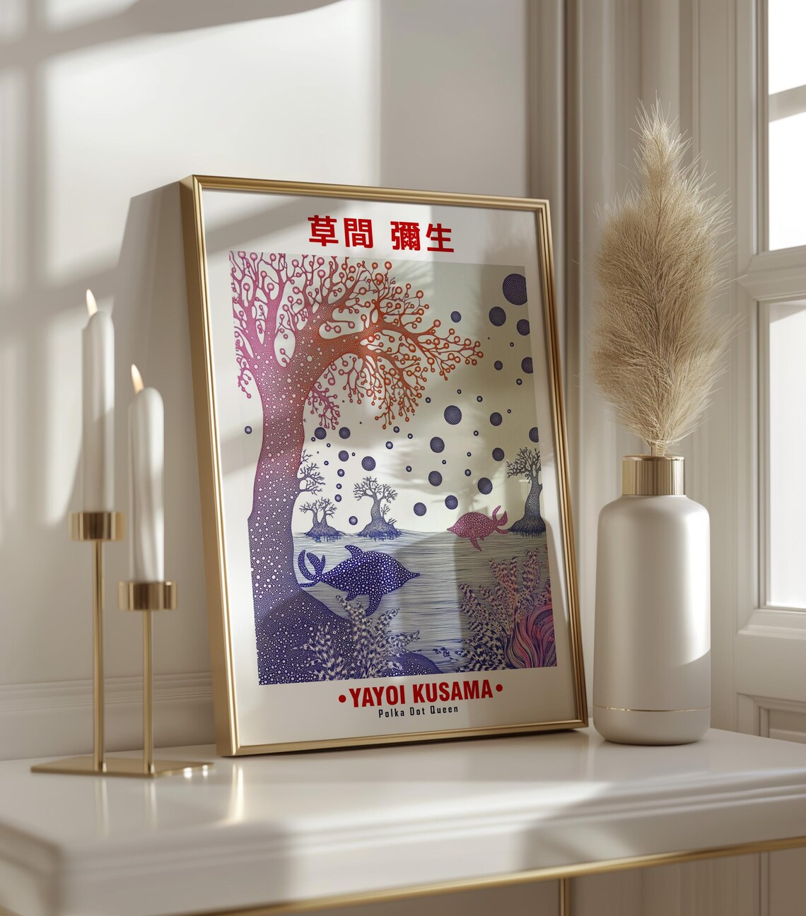 Dreamy Purple Dotted Tree Sea Whale Fish Kusama Inspired Poster - Image 3