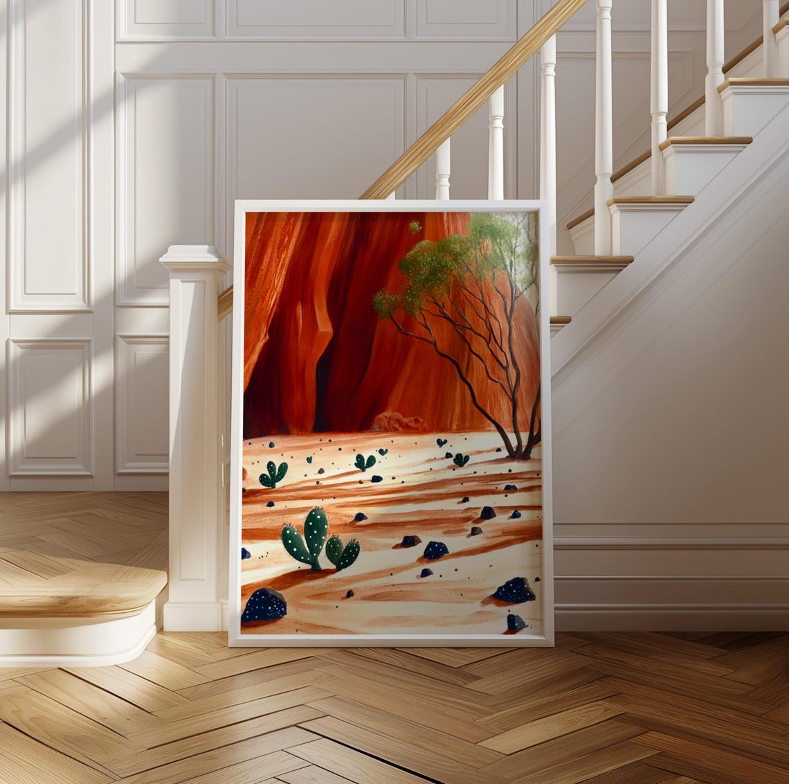 Red Rock Canyon Scene with Prickly Pear Cactus Dot Art Poster - Image 2