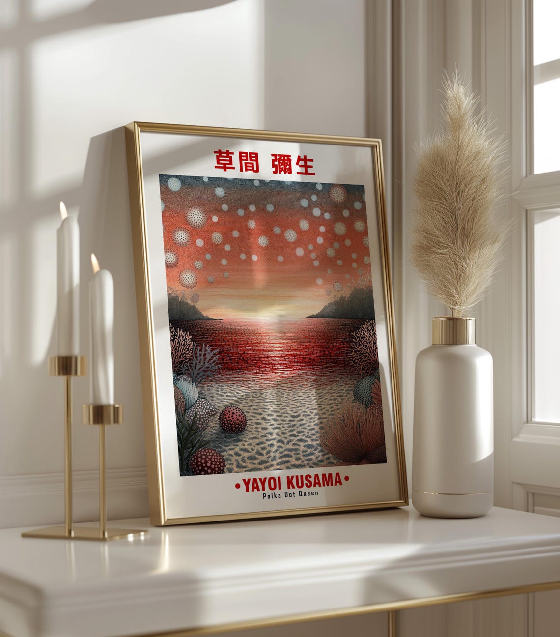 Moody Red Sky Falling Dots Sunset Ocean Kusama Inspired Poster - Image 3