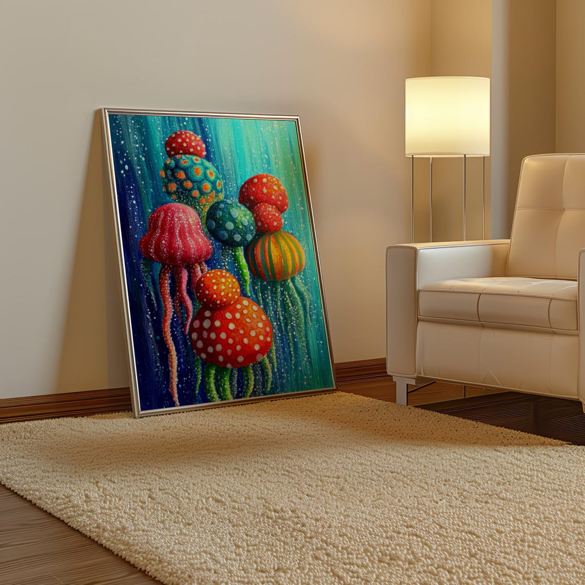 Colorful Spotted Jellyfish Drifting in Teal Ocean Dot Art Poster - Image 3