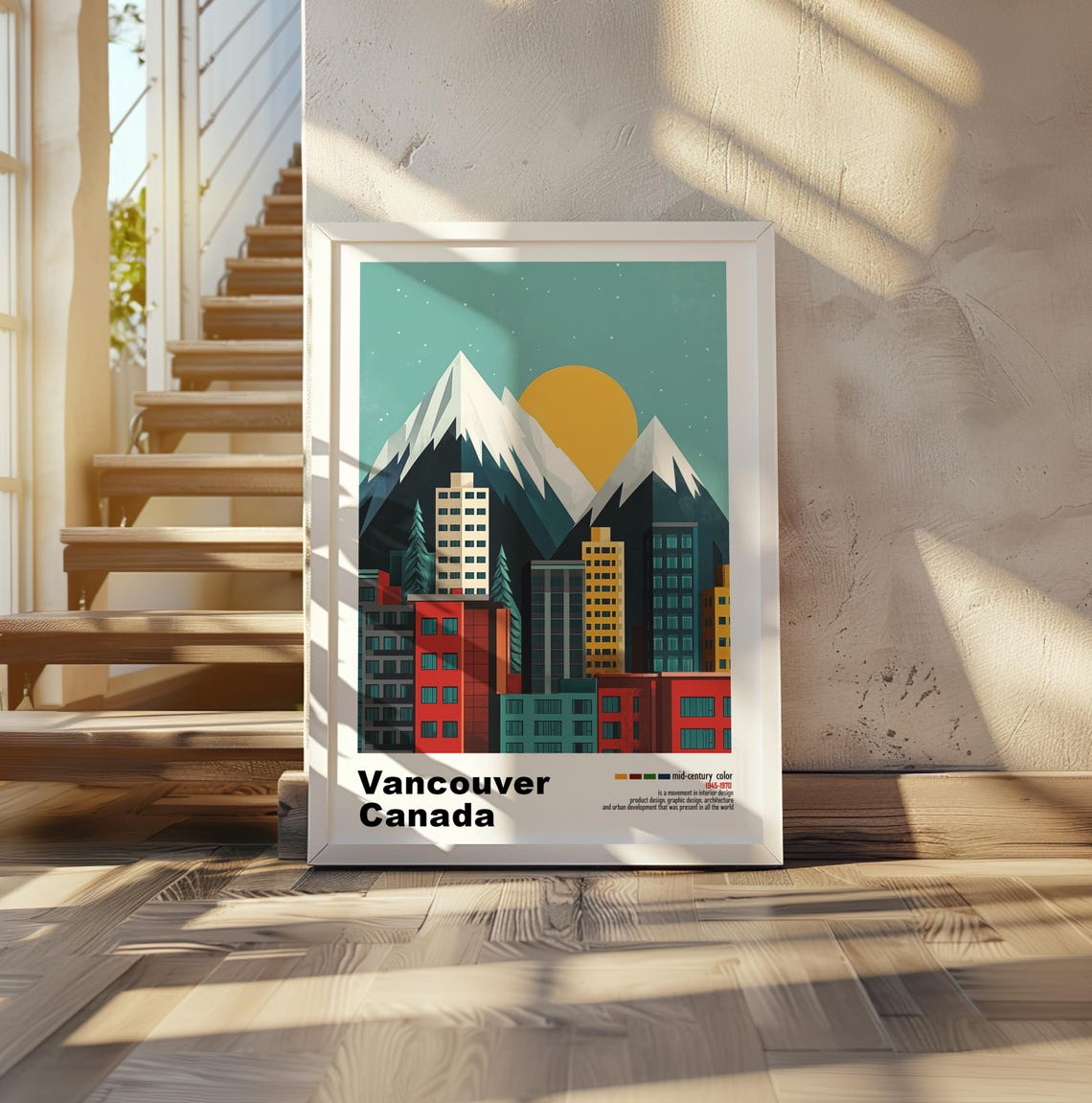 Vancouver Canada Skyline Mountains Sun Mid Century Travel Poster - Image 2