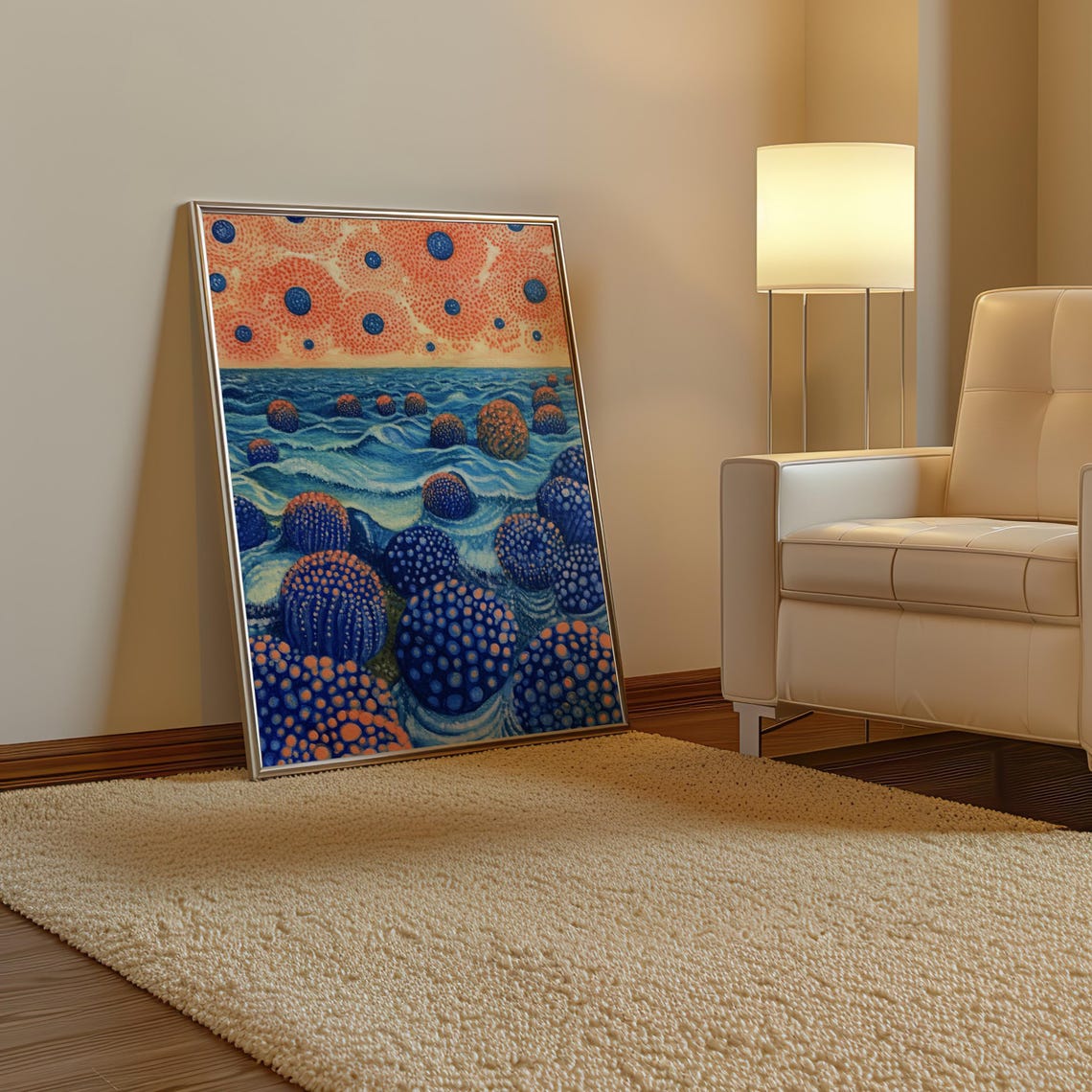 Kusama Inspired Blue Waves Orange Sky Polka Dot Pop Art Poster - Image 3