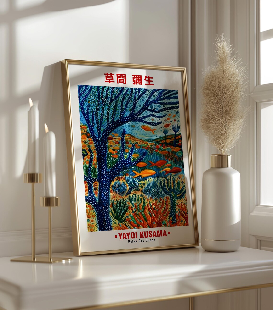 Vibrant Coral Reef Blue Tree Fish Yayoi Kusama Inspired Poster - Image 3