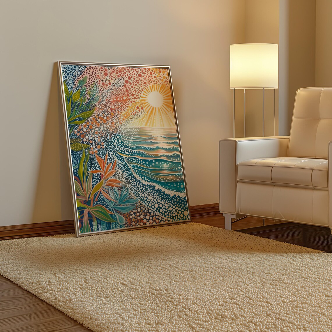 Tropical Beach Sunset in Vibrant Polka Dot Dotted Art Style Poster - Image 3