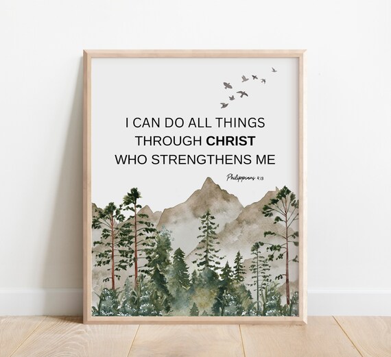 Philippians 413 I Can Do All Things Through Christ Who Strengthens Me Bible Verse Wall Art Christian Gift Scripture Print Watercolor