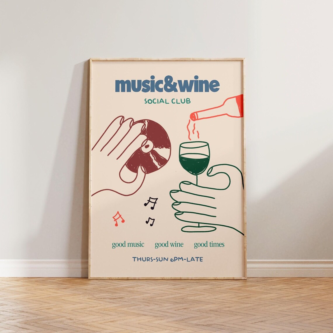 Kitchen Music Wine Illustration Poster, Retro Social Club