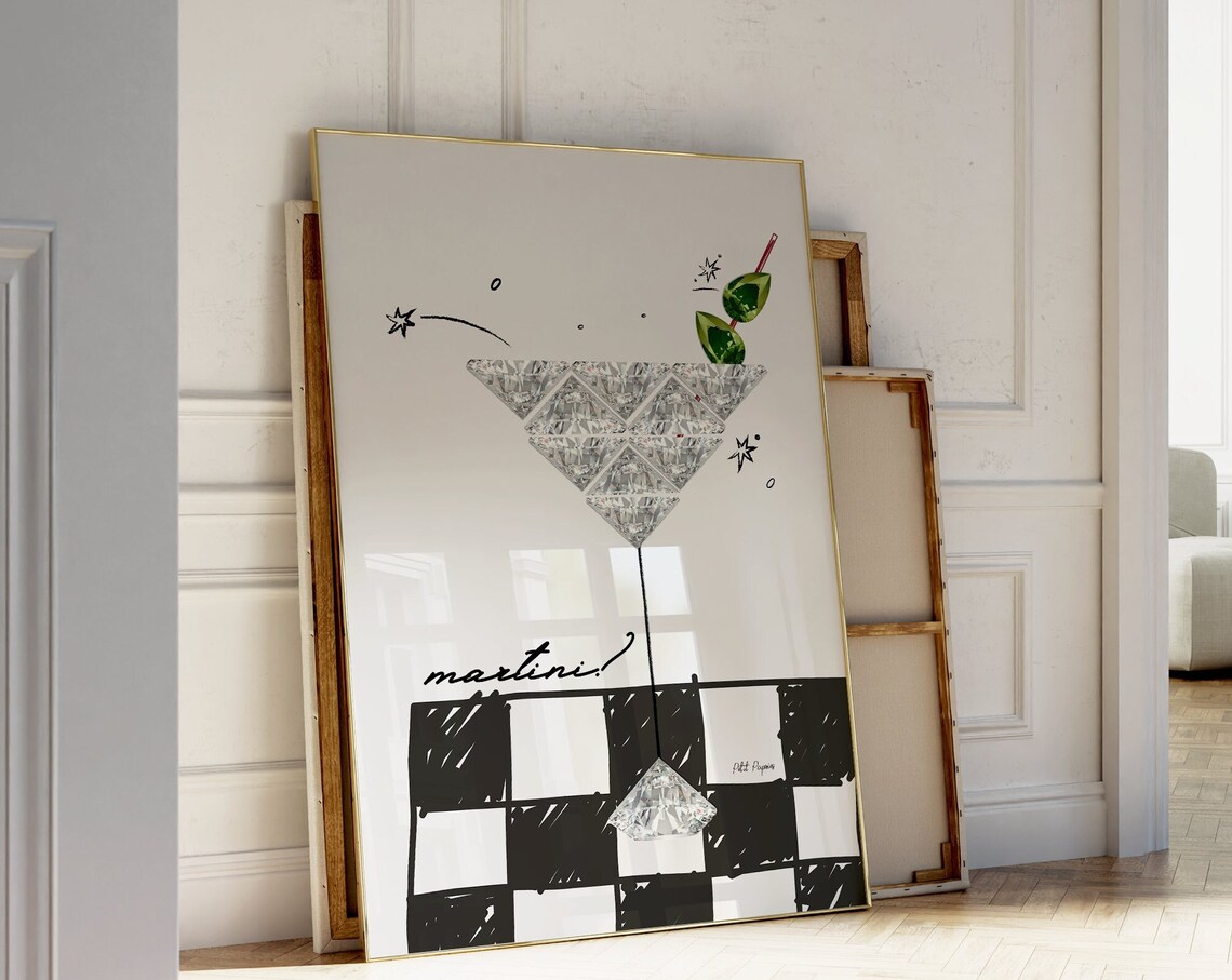 Martini Cocktail Doodle Sketch Chic Checkerboard Bar Cart Wall Art - Image 2