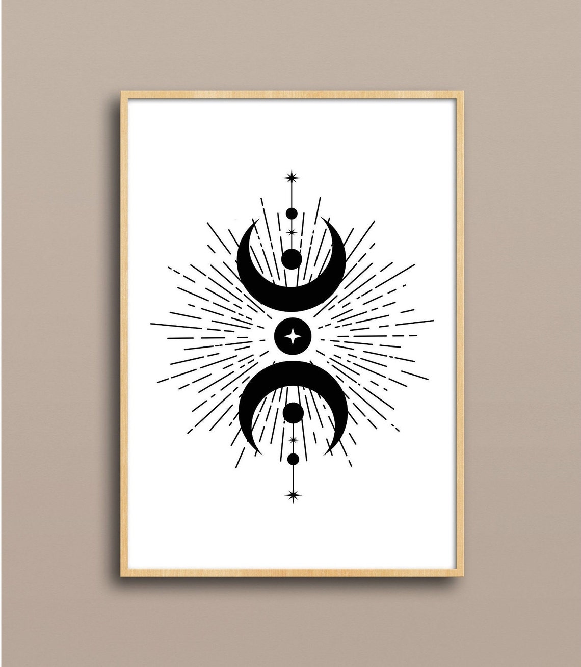 Symmetrical Celestial Crescent Moon Radiant Boho Line Art Poster - Image 3