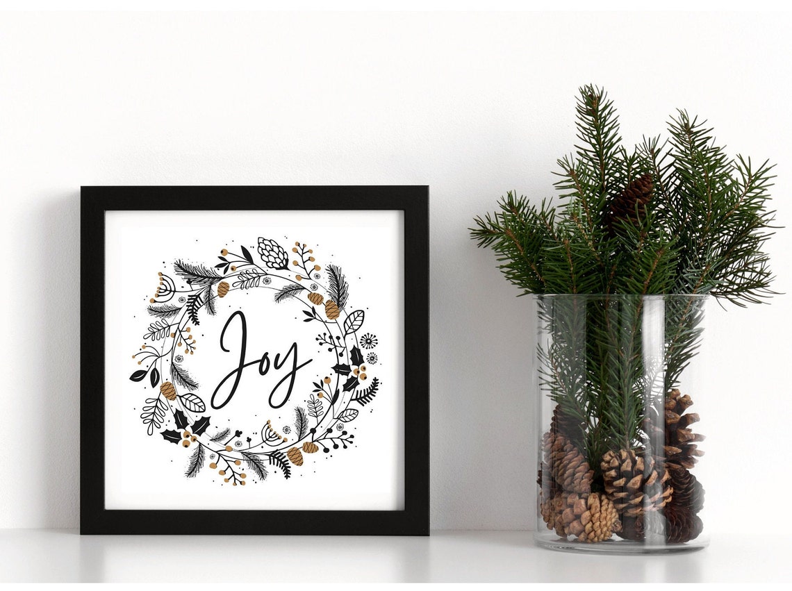 Joy Script Botanical Wreath Gold Holiday Art Wall Decor Poster - Image 5