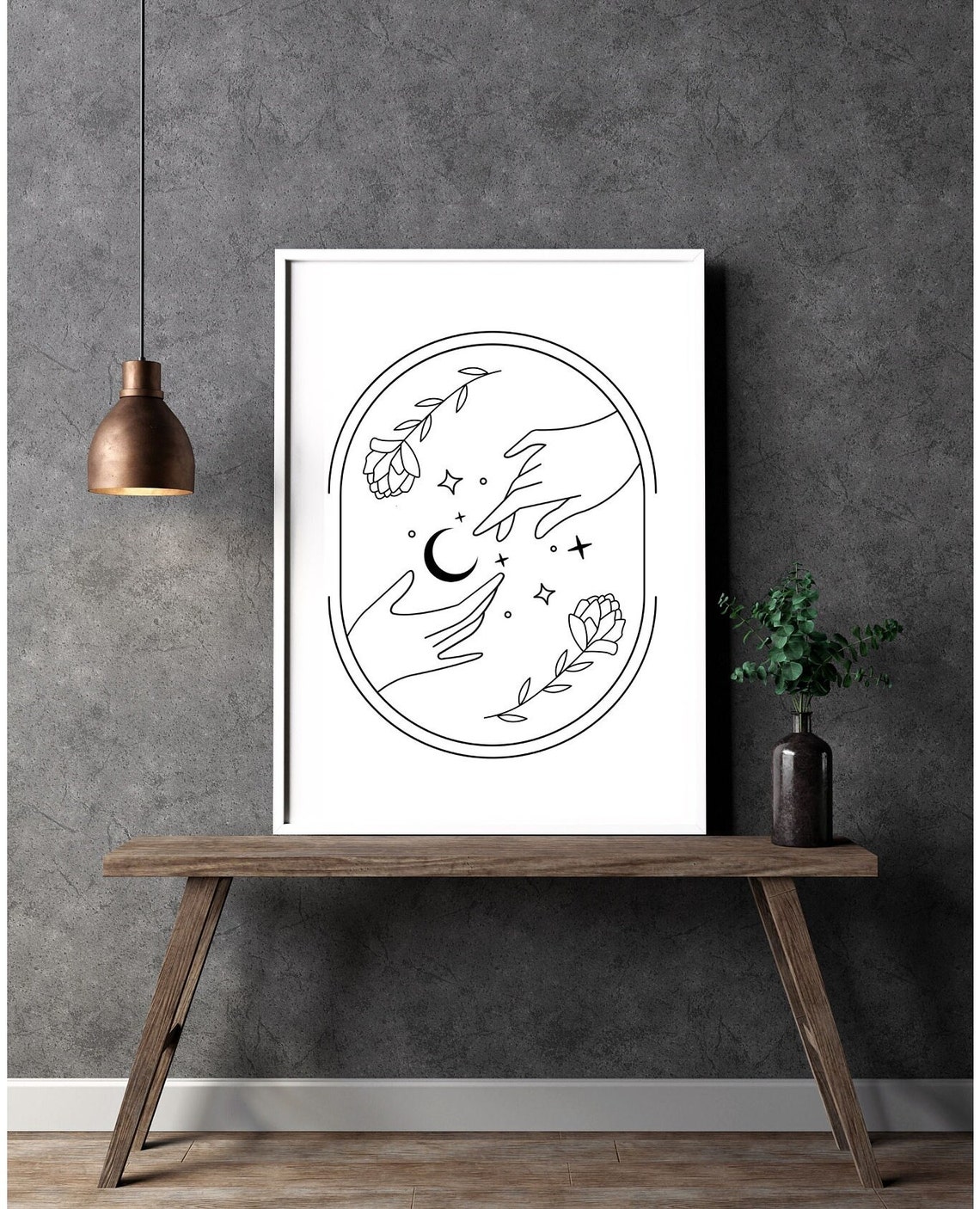 Minimalist Hands Reaching Moon Flowers Oval Frame Line Art Poster - Image 2