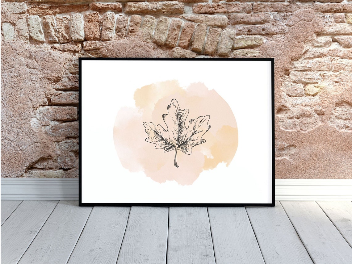 Oak Leaf Botanical Line Drawing Blush Watercolor Wall Decor Poster - Image 2