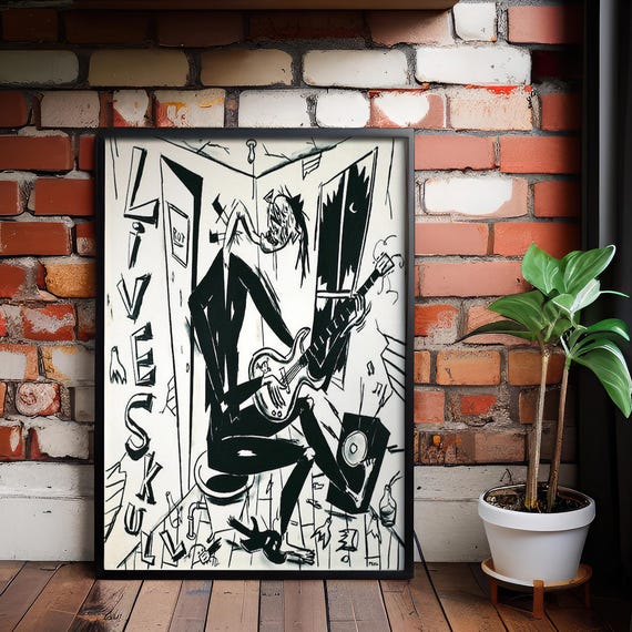 Live Skull Punk Art Print Grunge Guitar Illustration On Canvas