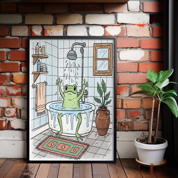 Funny Frog Bathroom Bath Time Quirky Cartoon Animal Illustration Poster