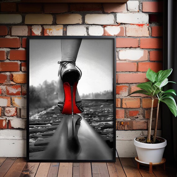 Red High Heel Railroad Track Black And White Photography Poster