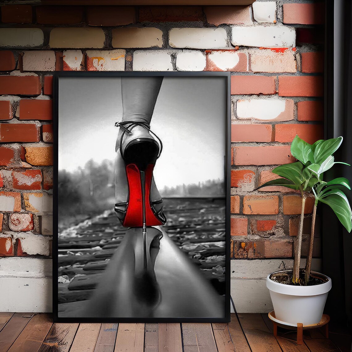 Red High Heel Railroad Track Black And White Photography Poster