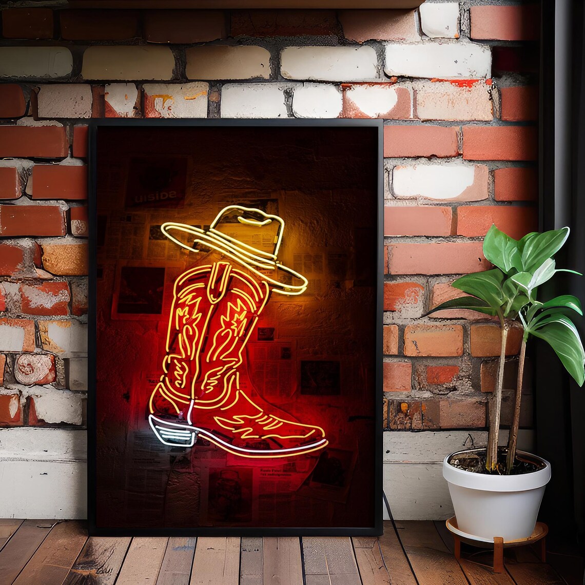Neon Cowboy Boot Hat Sign Retro Western Bar Decor Poster Art