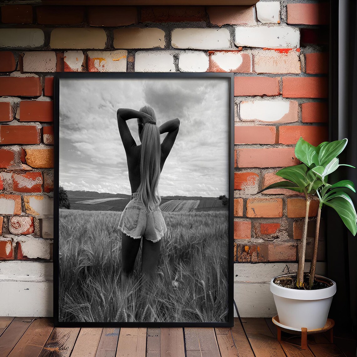 Black And White Woman In Wheat Field Minimalist Photography Poster