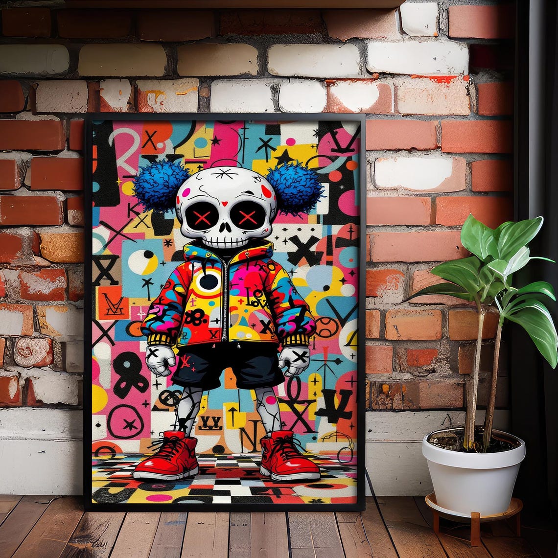 Skull Kid With Blue Afro Graffiti Jacket Urban Street Art Poster