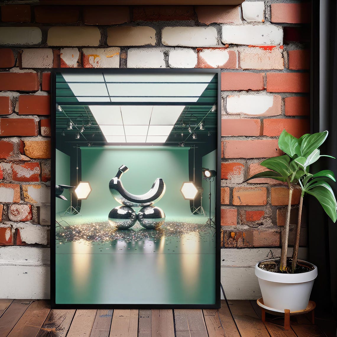 Disco Banana Mirrored Studio Sculpture Green Glitter Modern Art Poster