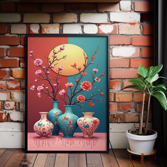 Floral Canvas Print Oriental Vase Butterflies Gold Sun Ready To Hang