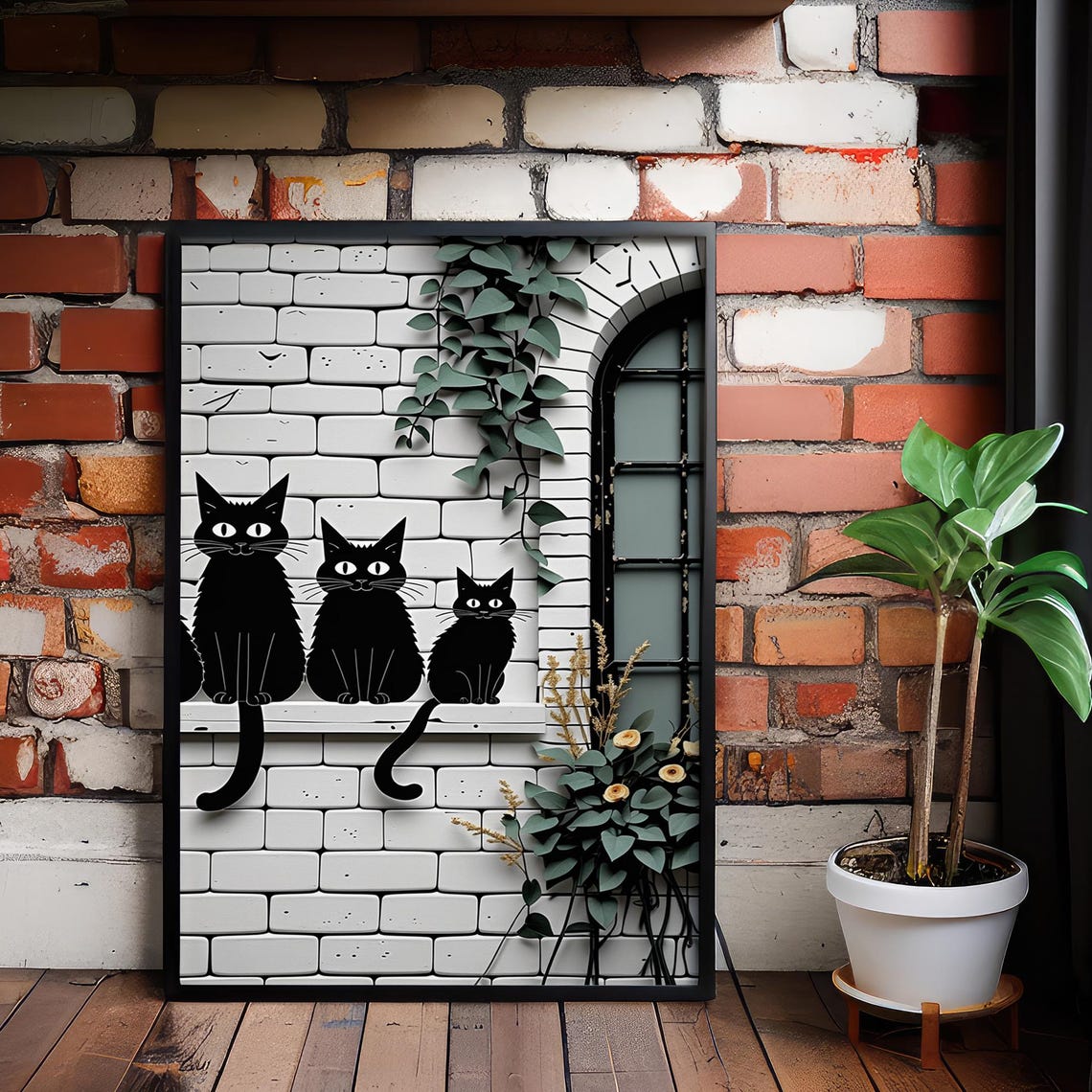 Three Black Cats Brick Wall Minimalist Illustration Poster Art