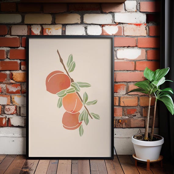 Peach Botanical Canvas Print Minimalist Fruit Wall Art Ready To Hang