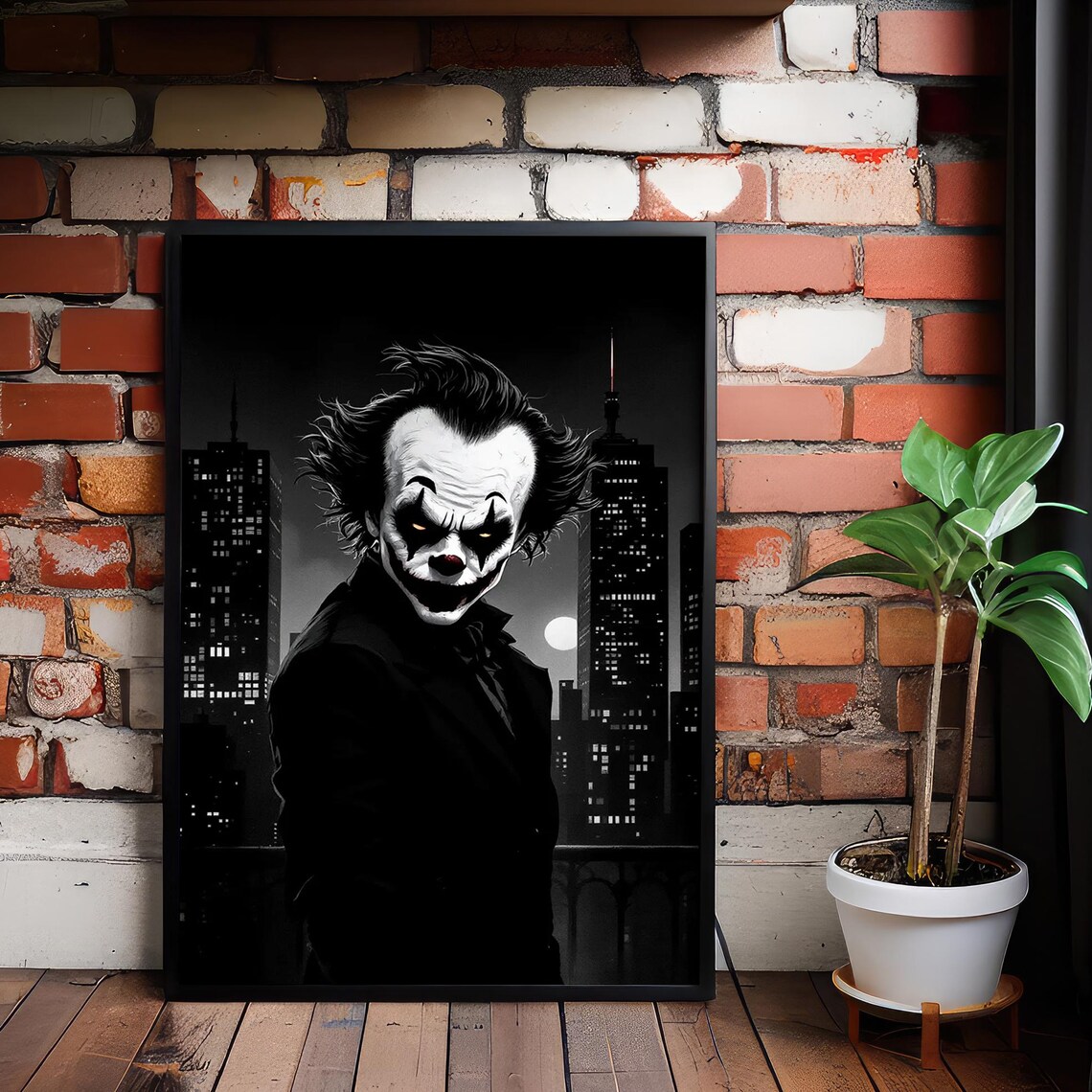 Creepy Clown Night City Skyline Black White Gothic Art Poster